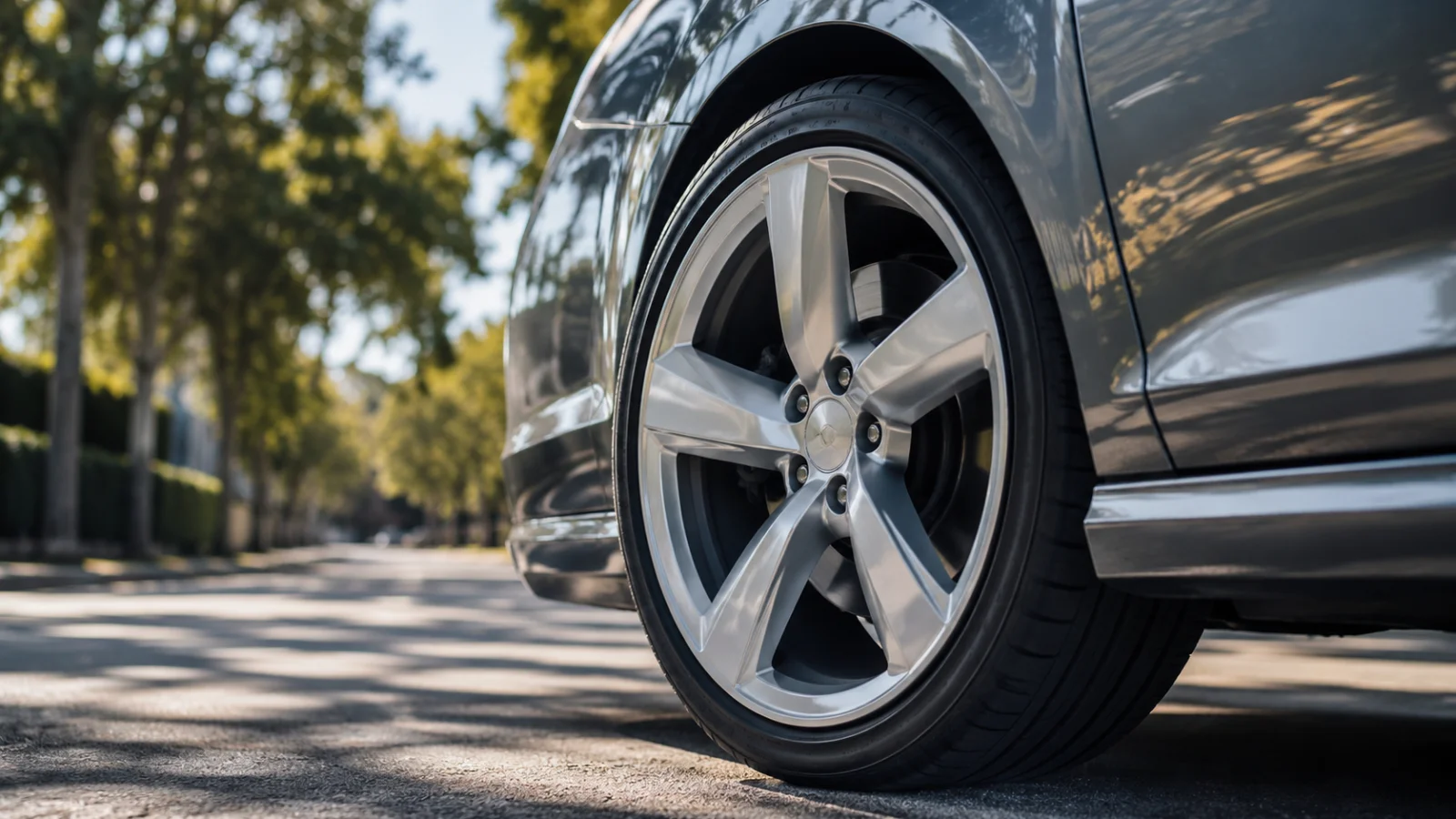 Detail stříbrného litého alu kola na zaparkovaném autě za slunečného dne - alu kola pro auto 2026 - fman.cz