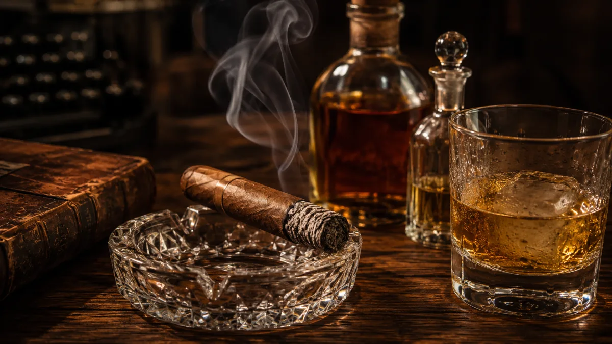 Doutník a whisky - klasická chlapská párovačka. Hořící doutník na popelníku, sklenice whisky s ledem
