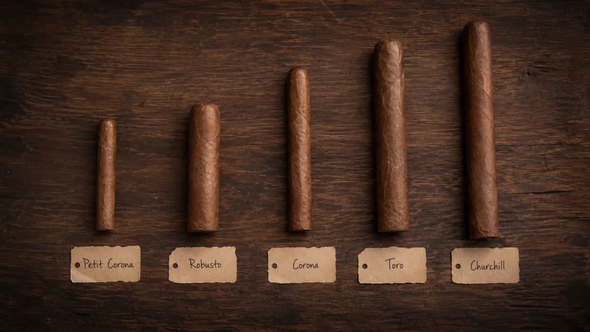 Pět tvarů doutníků - Petit Corona, Robusto, Corona, Toro, Churchill - srovnání velikostí