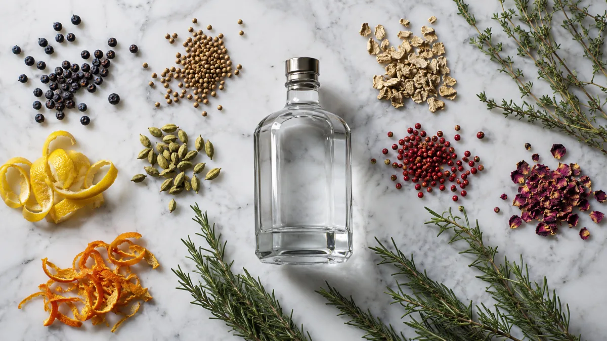 Botanicals pro gin - jalovec, koriandr, andělika, citrusová kůra, kardamom, růžové lístky