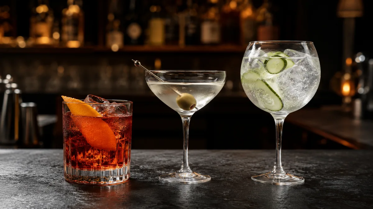 Tři klasické gin koktejly - Negroni, Dry Martini a Gin & Tonic na barovém pultě