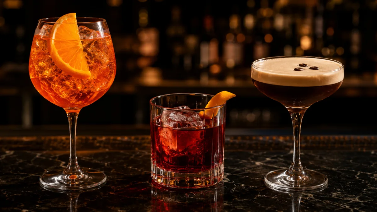 Tři klasické likérové koktejly - Aperol Spritz, Negroni a Espresso Martini