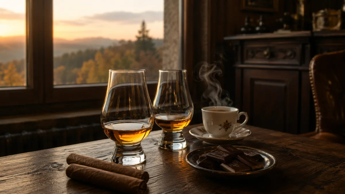Pálenka jako digestiv - dvě tulipánové Glencairn sklenice se slivovicí, káva a doutník v moravském venkovském interiéru