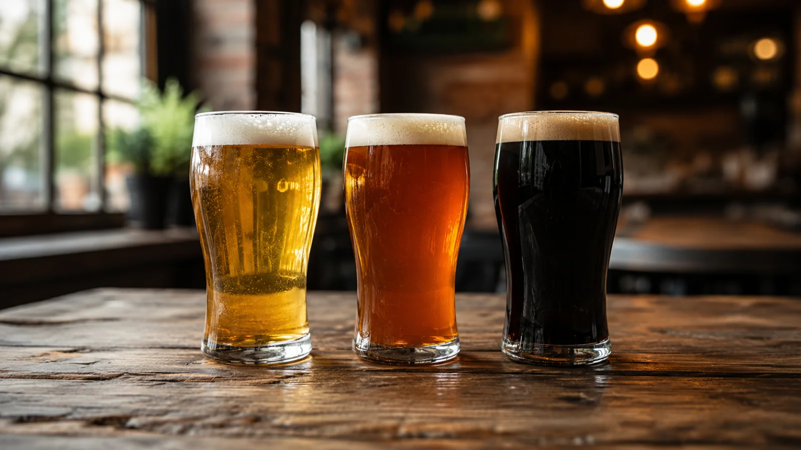Degustace tří pivních stylů vedle sebe Trojice různých piv ležák speciál a IPA ve sklenicích připravená k degustaci na dřevěném stole - pivo pro chlapy 2026 - fman.cz