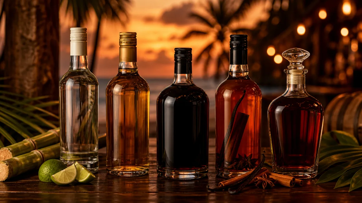 Pět typů rumu - White, Gold, Dark, Spiced a Aged Premium - srovnání lahví na karibském baru