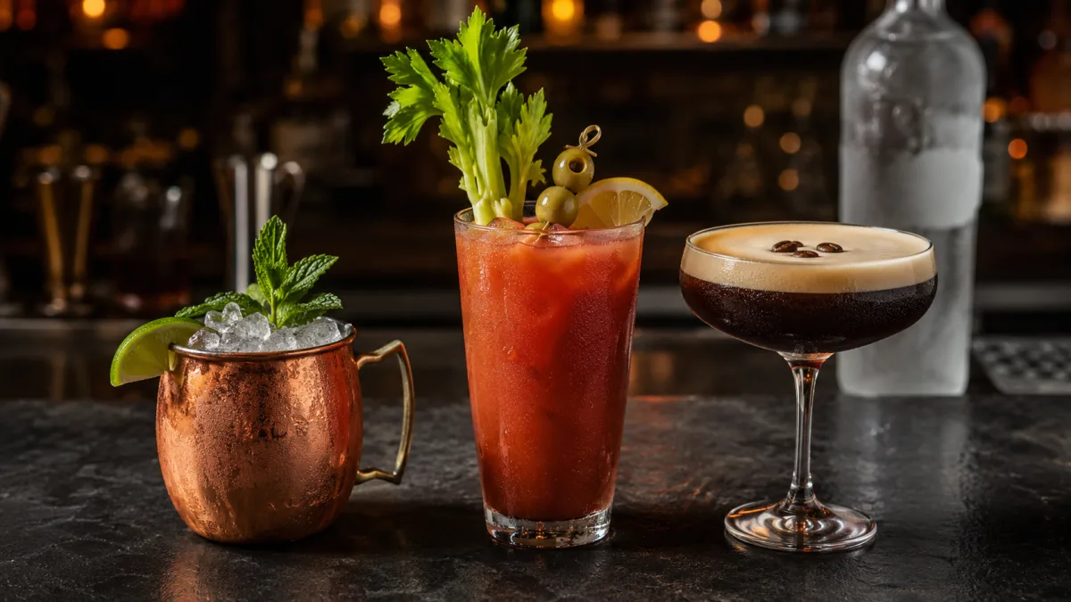 Tři klasické vodkové koktejly - Moscow Mule, Bloody Mary, Espresso Martini
