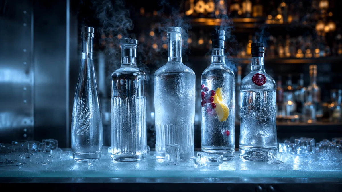Pět typů vodky - pšeničná, žitná, bramborová, flavored a česká žitná - srovnání lahví