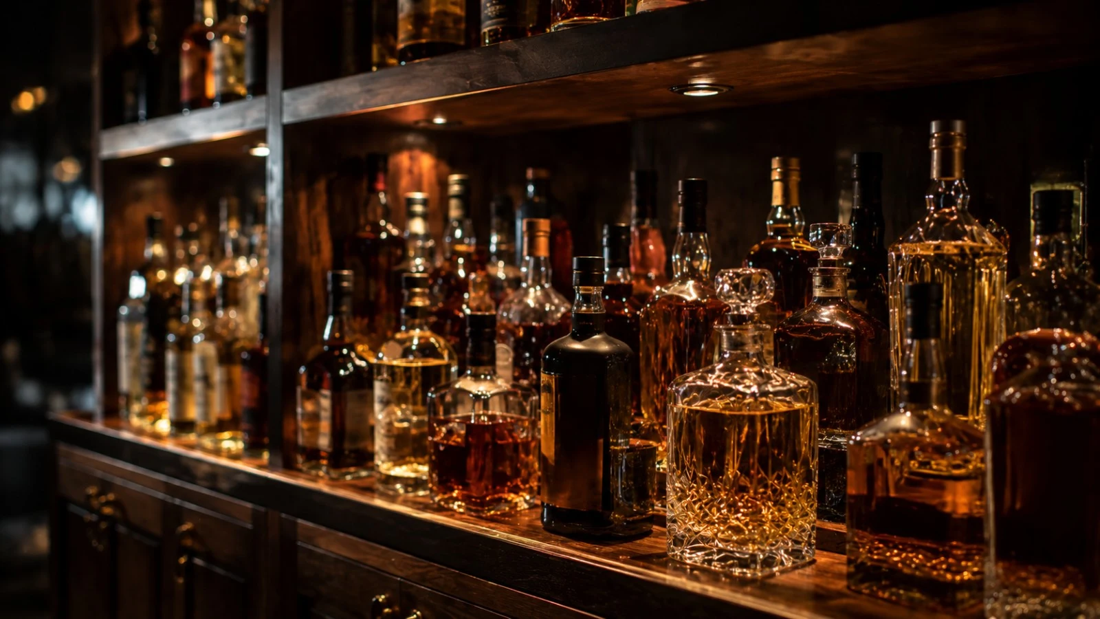 Výběr lahví whisky v baru Regál s lahvemi skotské single malt a bourbon whisky v elegantním baru - whisky pro chlapy 2026 - fman.cz