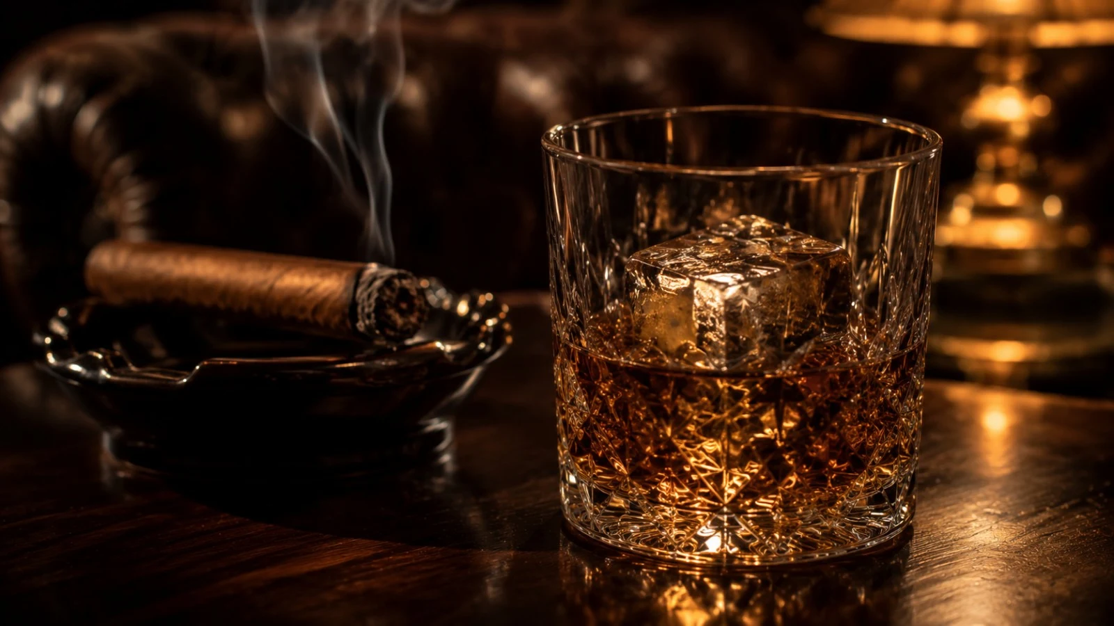 Sklenice whisky na dřevěném stole Sklenice single malt whisky s jantarovou barvou a doutníkem na dřevěném stole za večera - whisky pro chlapy 2026 - fman.cz