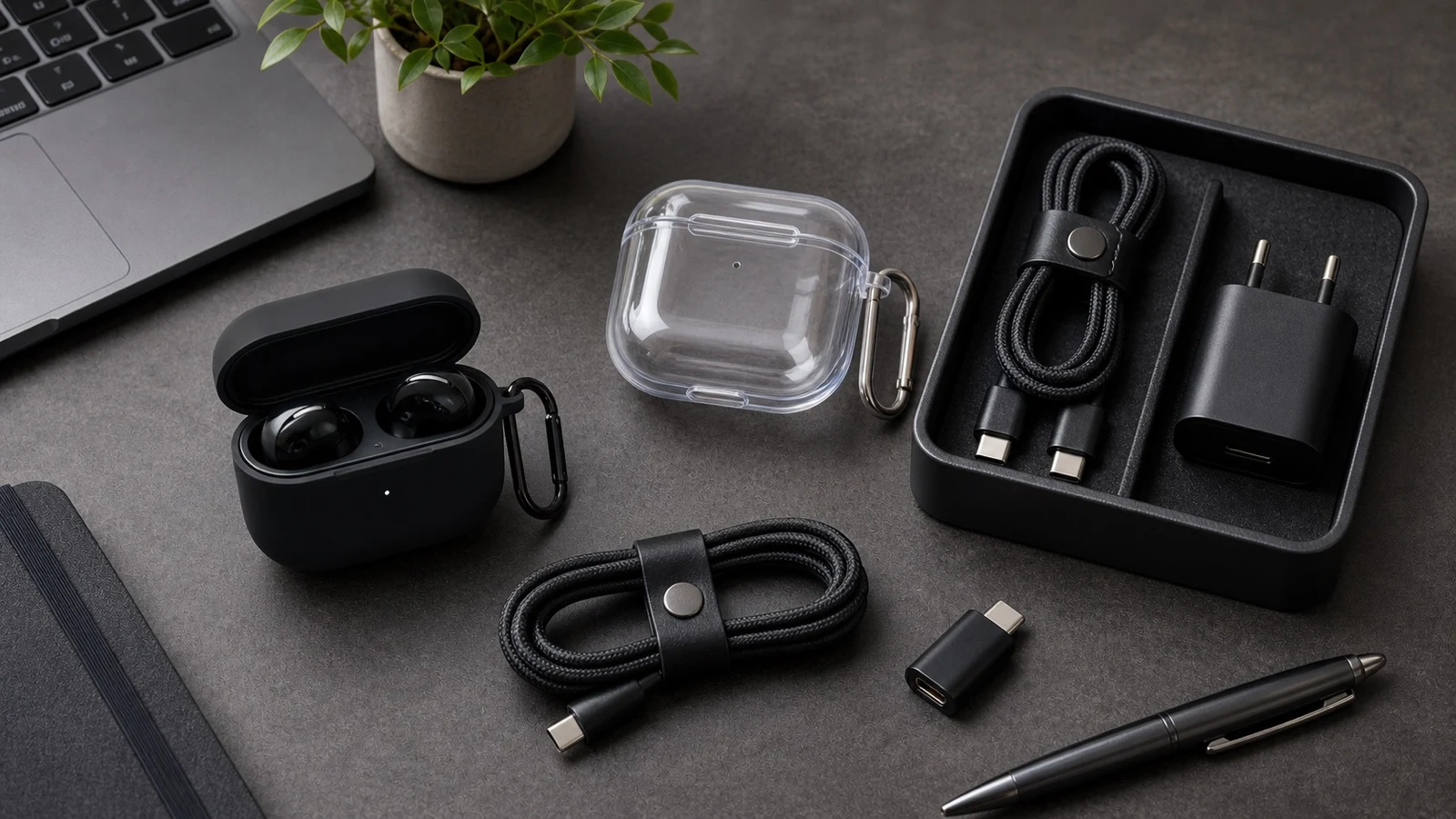 Doplňky k AirPods ochranné pouzdro kabel USB-C adaptér a organizér