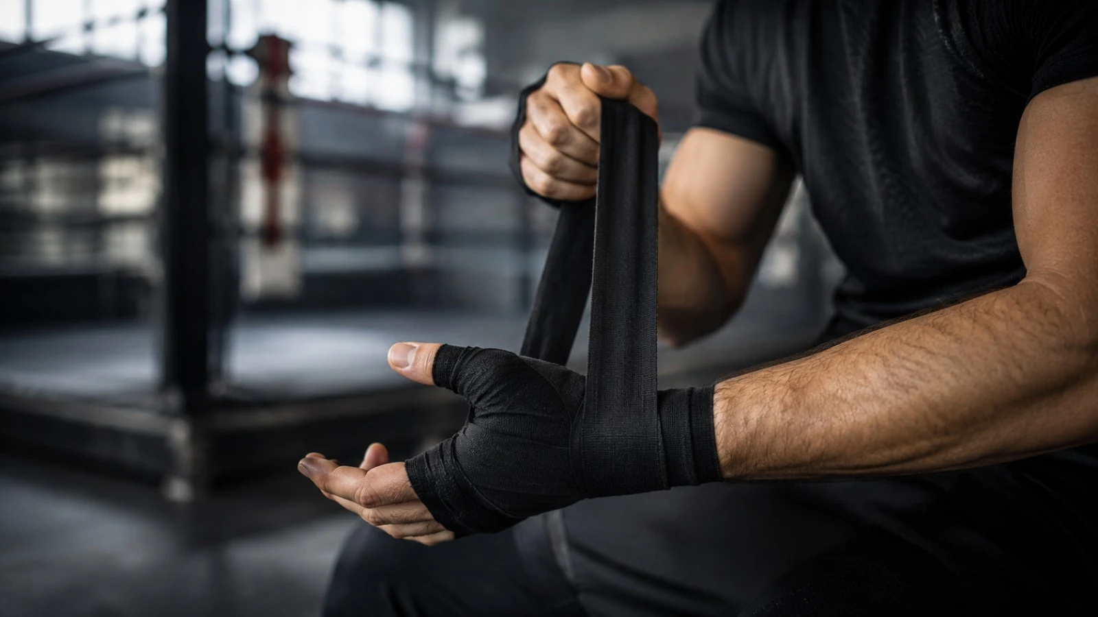 Bandážování rukou před tréninkem boxu Muž si omotává boxerské bandáže kolem zápěstí před tréninkem v boxerně - box pro chlapy 2026 - fman.cz