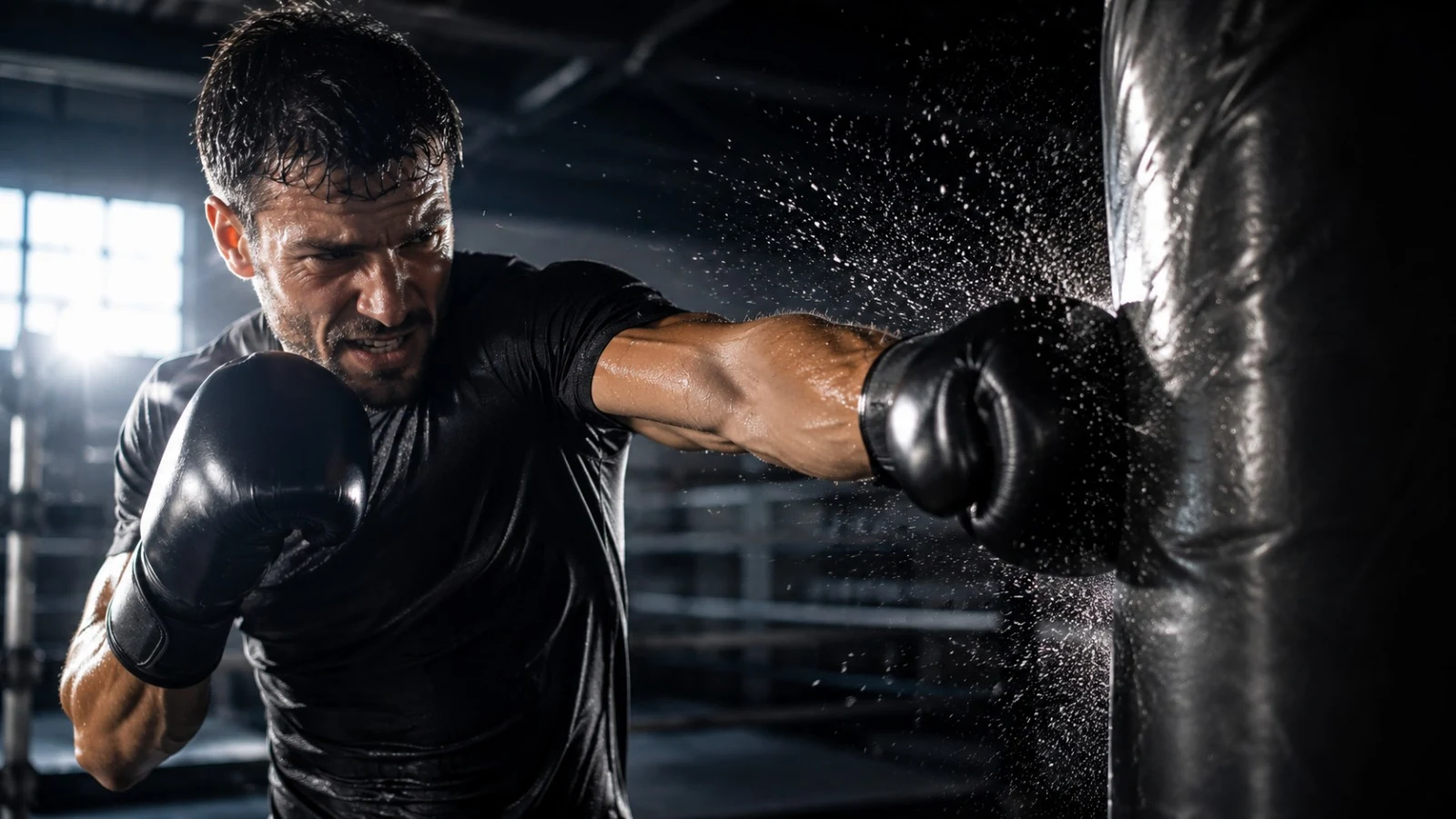 Trénink na těžkém pytli Muž v boxerských rukavicích trénuje údery do těžkého pytle v boxerně - box a MMA výbava 2026 - fman.cz