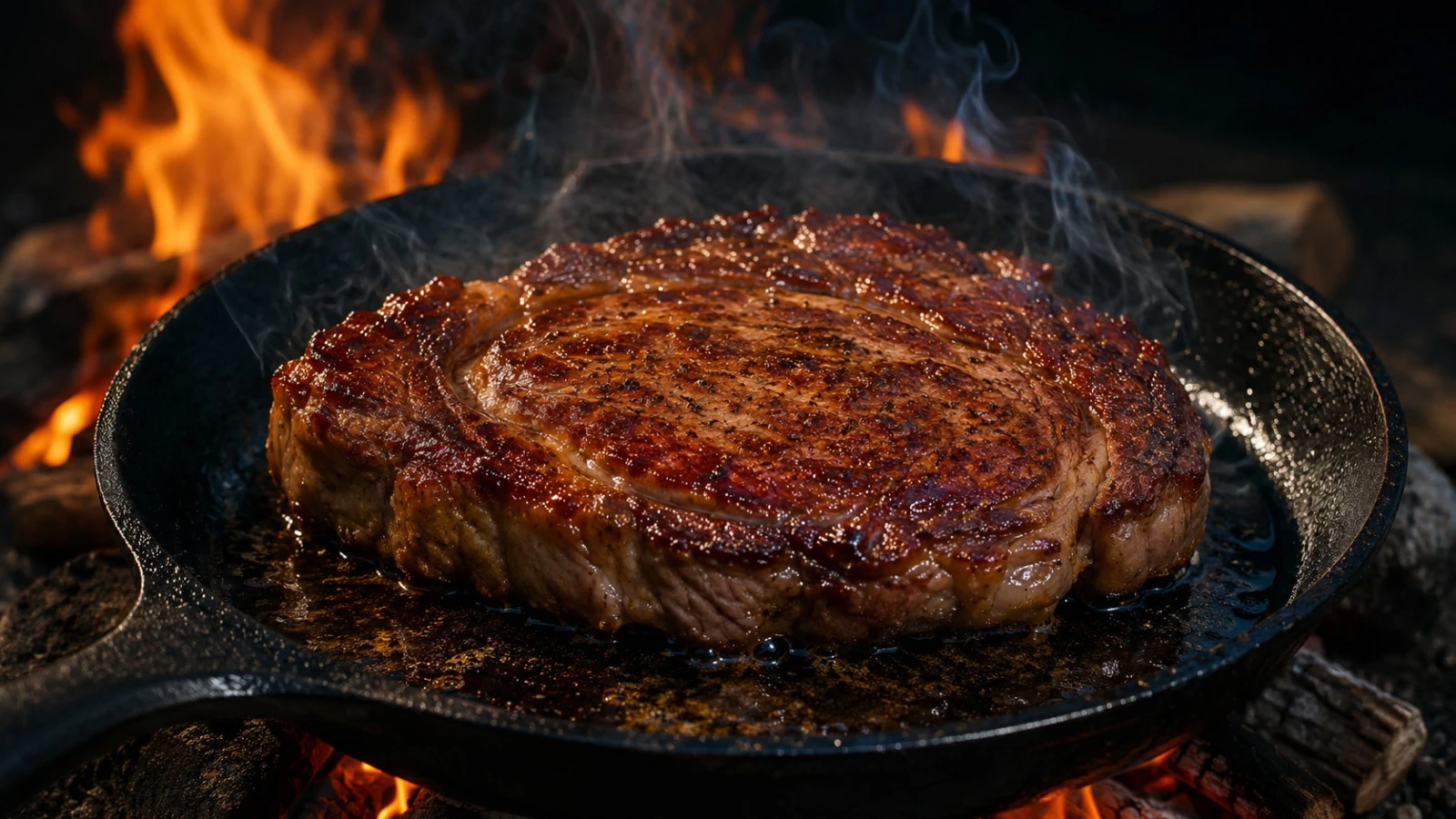 Steak se smaží na litinové pánvi nad ohněm s výraznou kůrkou - litinové nádobí pro chlapy 2026 - fman.cz