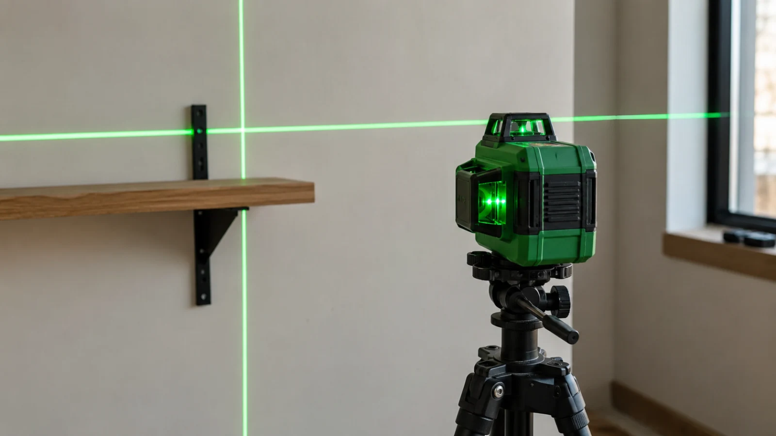 Křížový samonivelační laser promítá zelenou čáru na stěnu při montáži polic - fman.cz