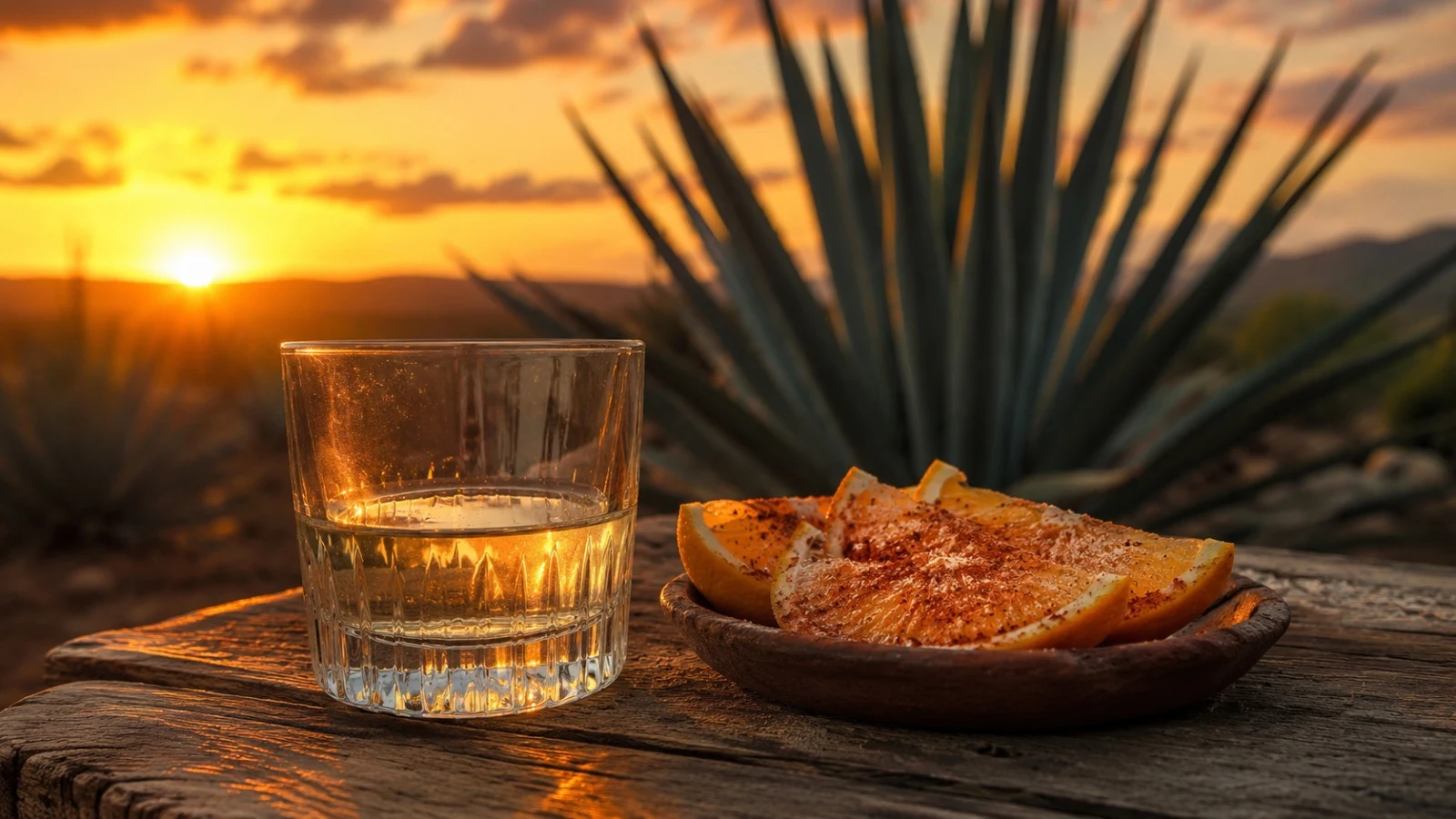 Mezcal se pije čistý s pomerančem Sklenka mezcalu s plátky pomeranče a agáve v pozadí při západu slunce - mezcal průvodce 2026 - fman.cz