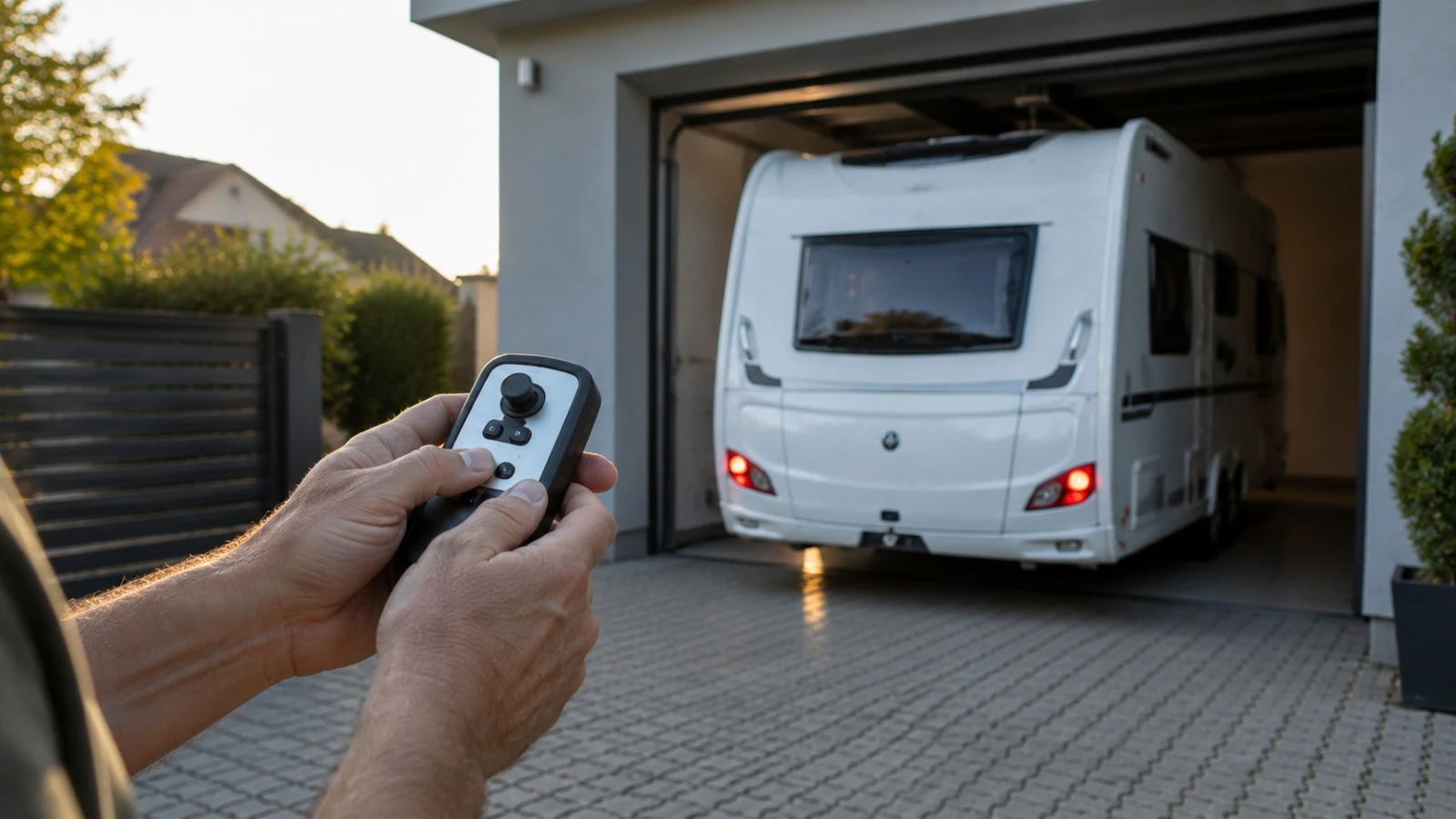 Ovládání moveru dálkovým ovladačem Muž s dálkovým ovladačem naviguje karavan na úzké stání v kempu - mover na karavan 2026 - fman.cz
