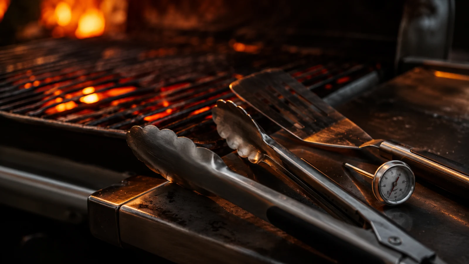 Grilovací náčiní 2026 - kleště, obracečka a teploměr u rozpáleného grilu - fman.cz