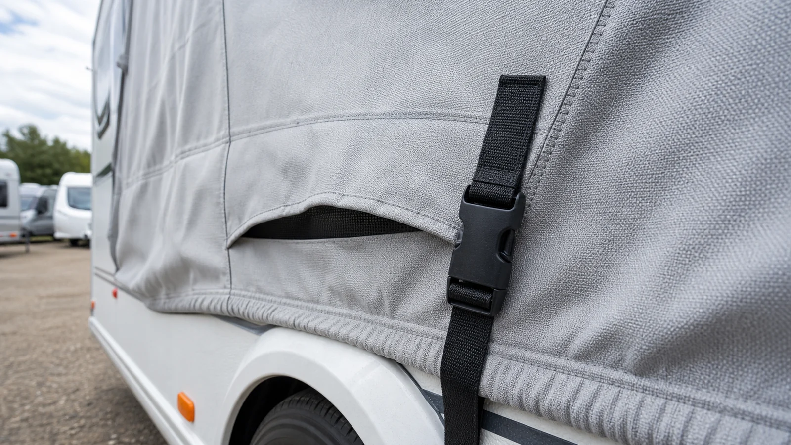 Detail materiálu ochranné plachty na karavan s popruhem a větrací mezerou
