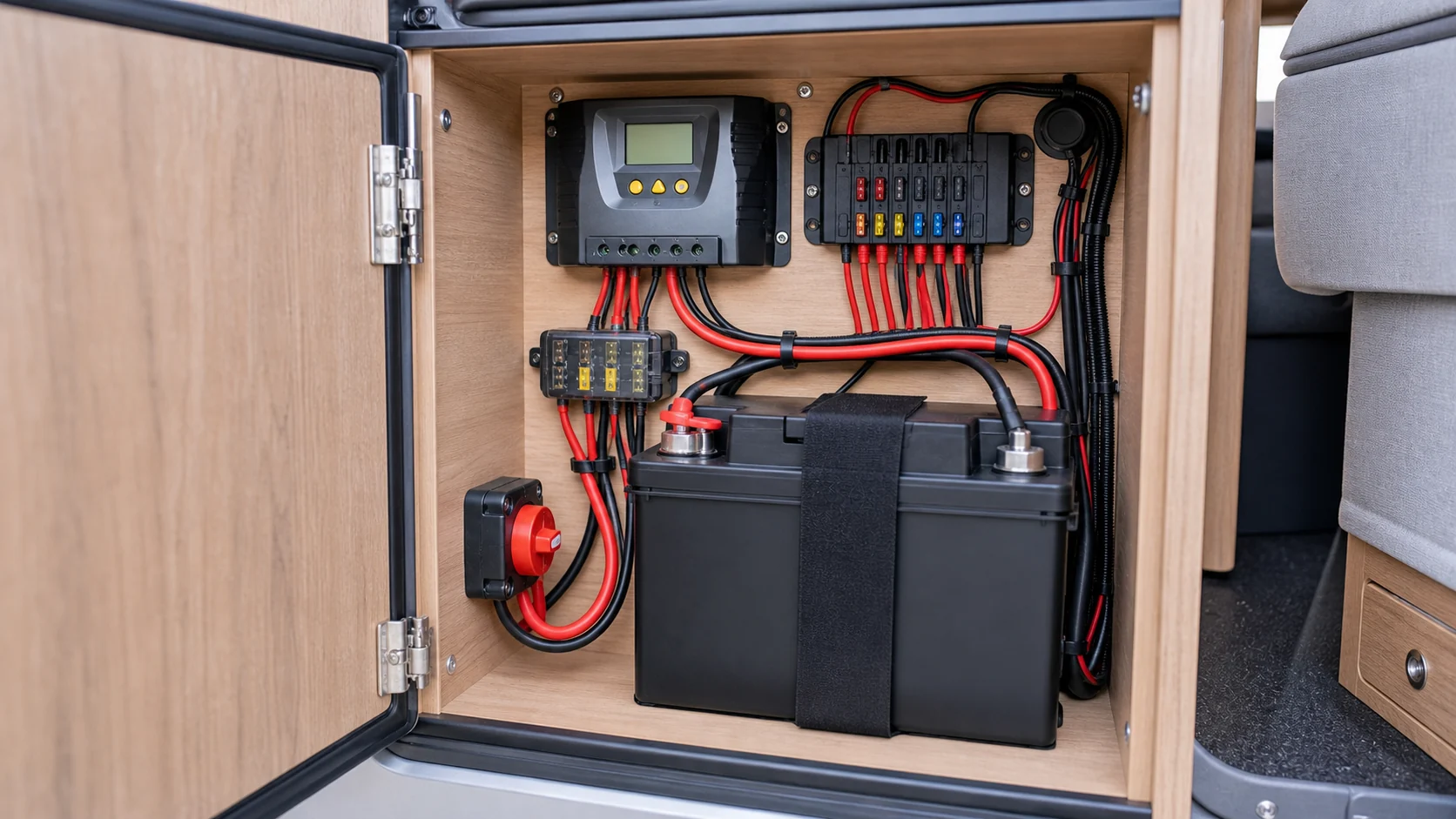 Solární regulátor a baterie v elektroboxu obytné dodávky