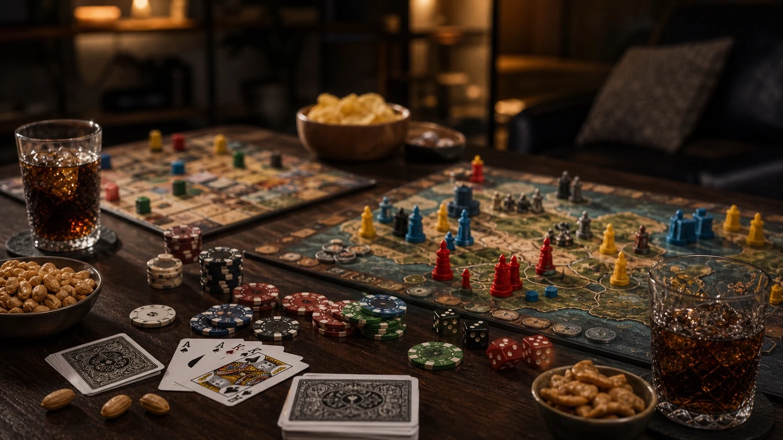 Strategické deskové hry, pokerové karty a žetony na večer