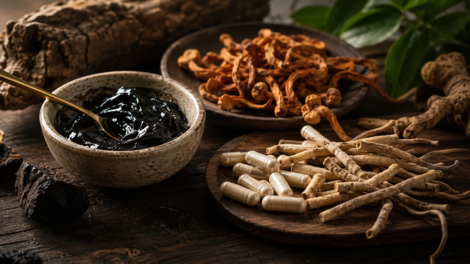 Zátiší s adaptogeny - ashwagandha kapsle, sušené houby cordyceps a shilajit pryskyřice na dřevěném stole - suplementy pro chlapy 2026 - fman.cz