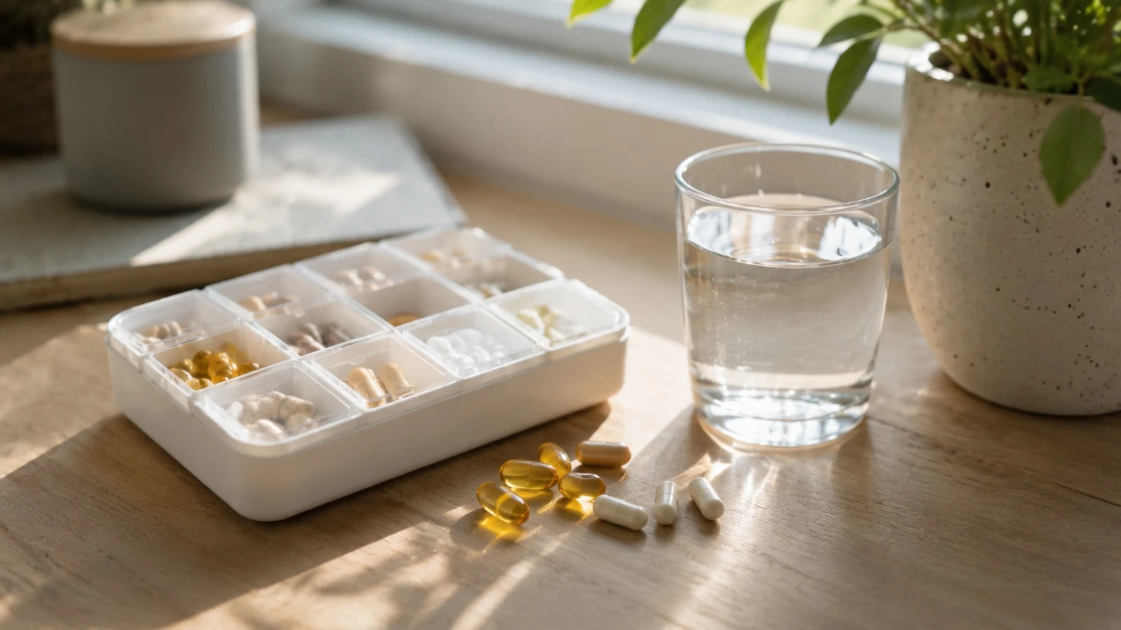 Ranní dávka suplementů - kapsle omega-3 a vitamín D na stole se sklenicí vody - suplementy pro chlapy 2026 - fman.cz