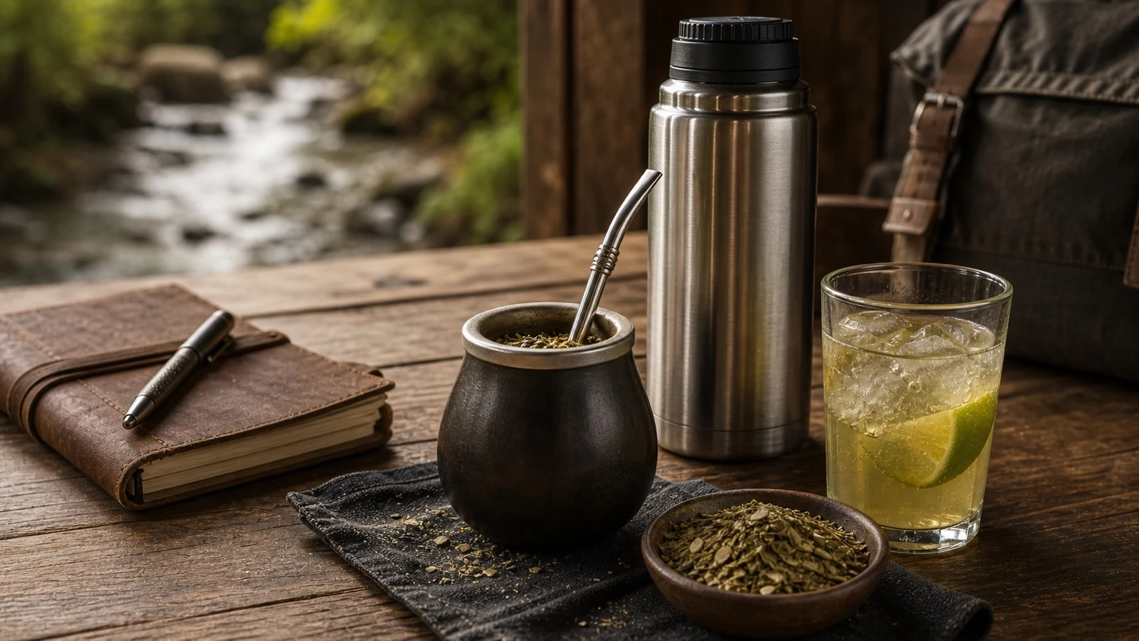 Yerba maté s bombillou a termoskou Yerba maté v kalabase s bombillou a termoskou na dřevěném stole
