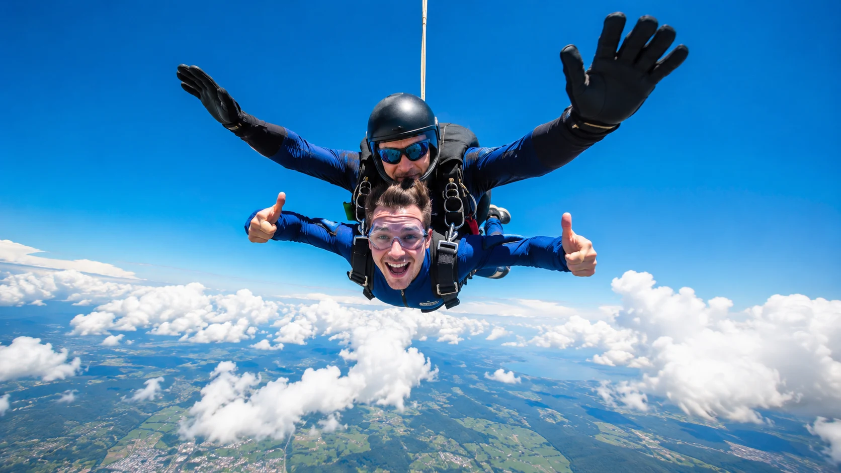 Tandemový seskok padákem ve volném pádu nad krajinou - adrenalinové zážitky 2026 - fman.cz
