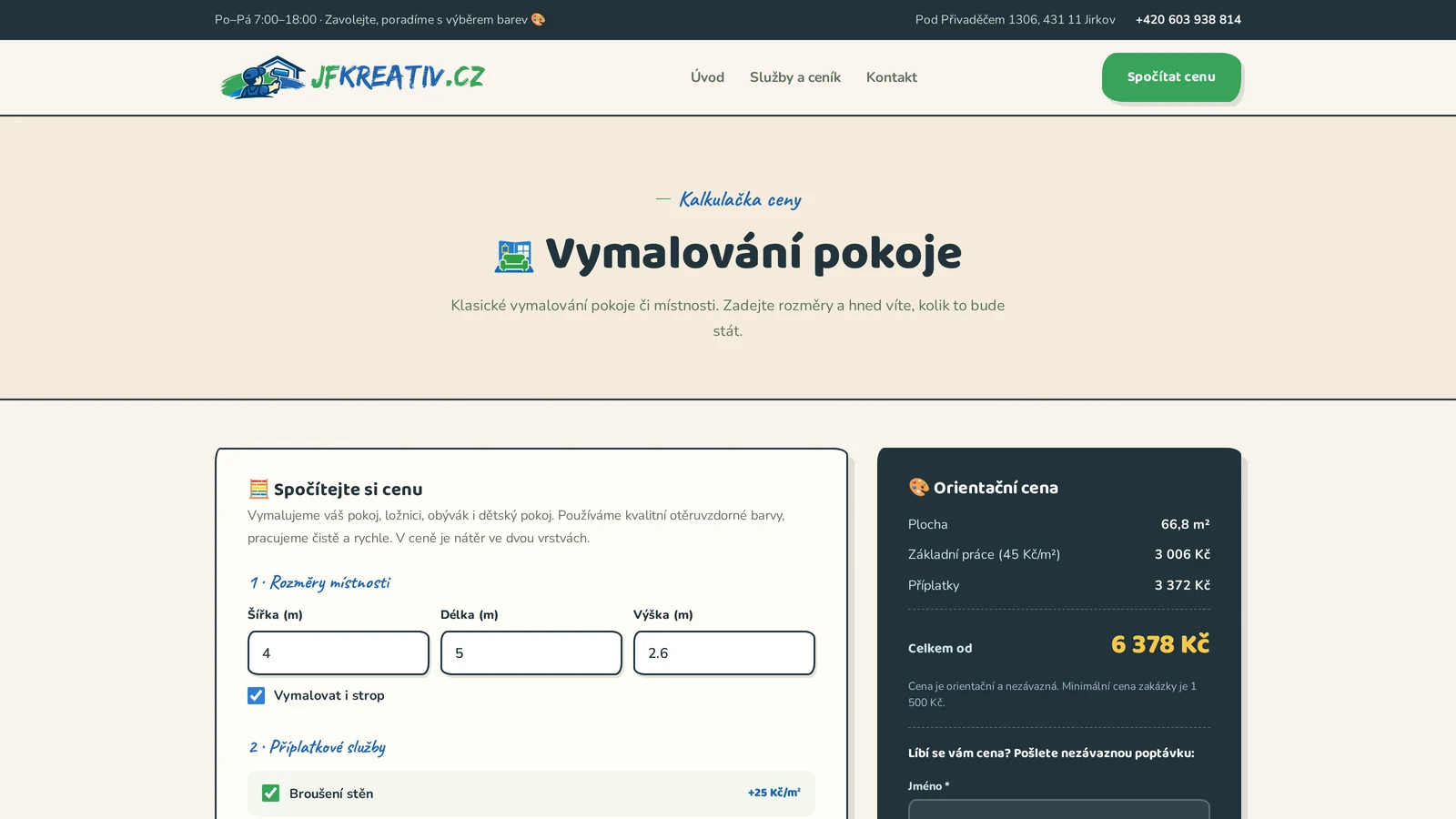 Online kalkulačka ceny malování pokoje na webu JFKreativ.cz s rozpisem plochy a příplatků - fman.cz