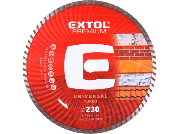 EXTOL PREMIUM Kotouč diamantový řezný, turbo - suché i mokré řezání, 230 × 22,2 × 2,8 mm 108755