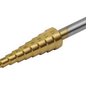 Vrták stupňovitý TiN EXTOL CRAFT Dostupné varianty: Vrták stupňovitý TiN EXTOL CRAFT ø 4-39mm, stupňování po 3 mm, 13 otvorů, stopka ø 13 mm, délka 107 mm