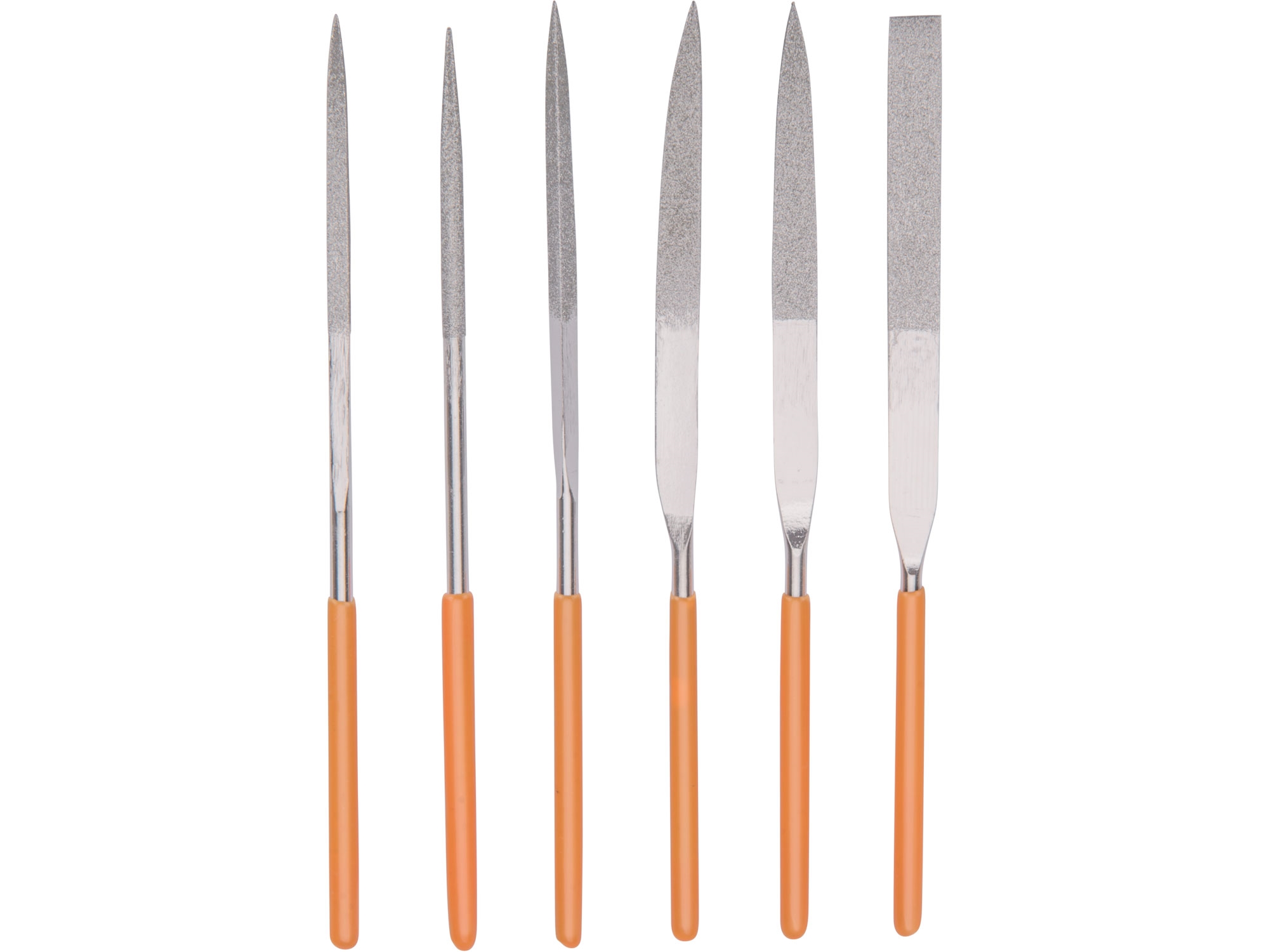 Pilníky diamantové jehlové, sada 6ks, 160mm, pilník plochý, půlkulatý, tříhranný, kulatý, čtyřhranný, nožový, materiál-uhlíková ocel tvrzená na HRC 38-42, rukojeť máčená v PVC, EXTOL PREMIUM
