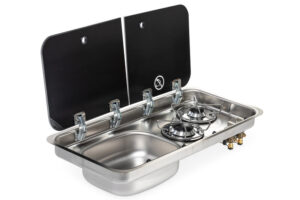 Vestavný plynový vařič se 2 hořáky a dřezem Carbest orientace dřez vlevo