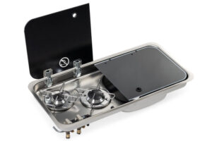 Vestavný plynový vařič se 2 hořáky a dřezem Carbest orientace dřez vpravo